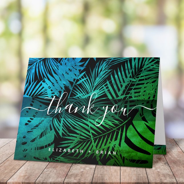 Turquoise green tropical palm leaf pattern script thank you card (Creator Uploaded)
