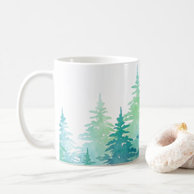 Turquoise Green Watercolor Evergreen Trees   Coffee Mug (With Donut)