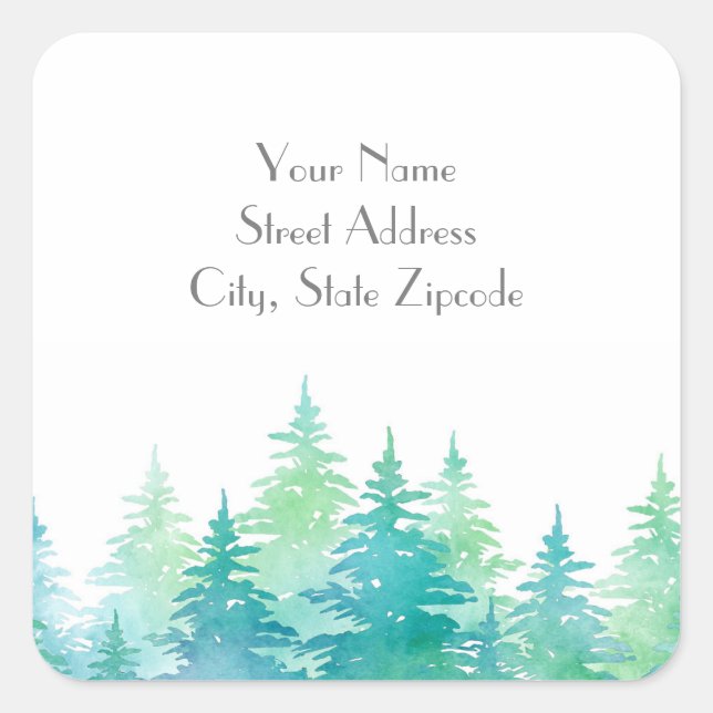 'Turquoise Green Watercolor Evergreen Trees' Label (Front)