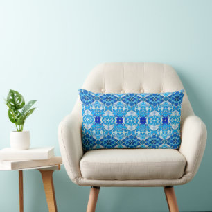 Turquoise, Grey and Cobalt Blue Tile Pattern Lumbar Pillow