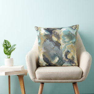 Turquoise, grey and gold fractal abstract throw pillow
