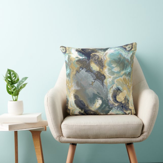 Turquoise, grey and gold fractal abstract throw pillow (Chair)