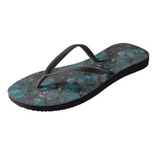 Turquoise grey and white abstract flip flops