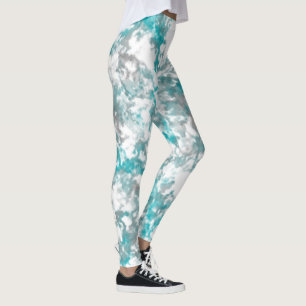 Turquoise grey and white marble texture leggings