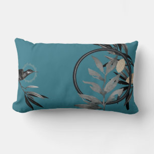 Turquoise & Grey Artistic Watercolor Leaves Lumbar Pillow