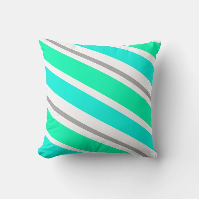 Turquoise & Grey Candy Striped Throw Pillow (Front)