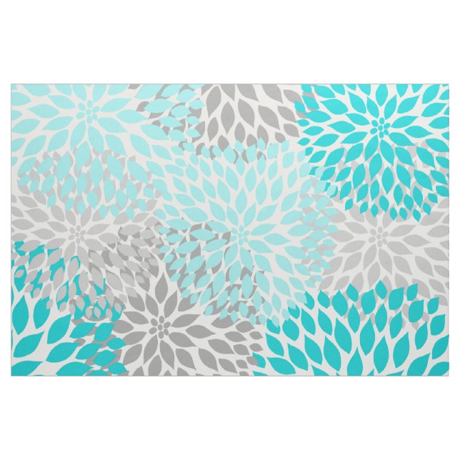 Turquoise Grey Dahlia Floral blooms blossoms Fabric (Yard)