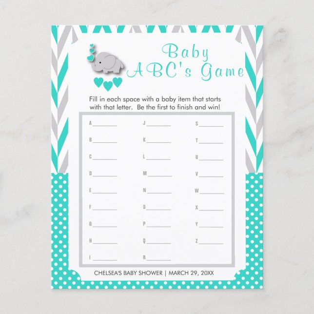 Turquoise & Grey Elephant Baby Shower - ABC's Flyer (Front)