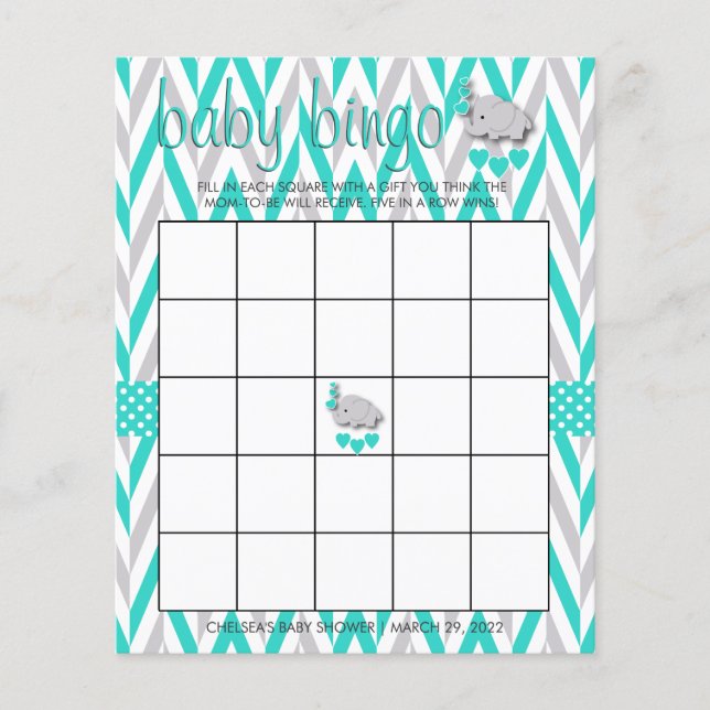 Turquoise & Grey Elephant Baby Shower - Bingo Flyer (Front)