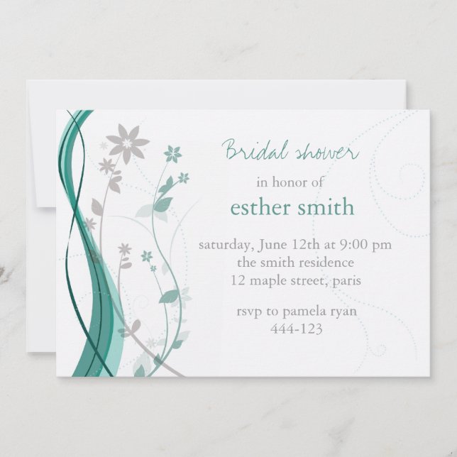 Turquoise & grey floral charm invitation (Front)