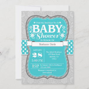 Turquoise Grey Floral Flower Baby Shower Invites