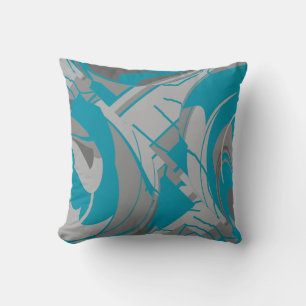 Turquoise Grey Shades Charcoal Lush Leaves Design Throw Pillow