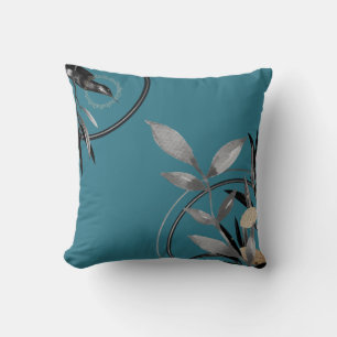 Turquoise & Grey Simple Watercolor Leaves Throw Pillow