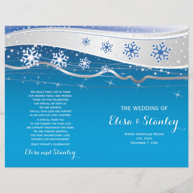 Turquoise, grey snowflakes folded wedding program (Front)