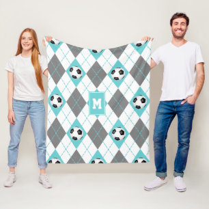 turquoise grey white soccer themed argyle pattern fleece blanket