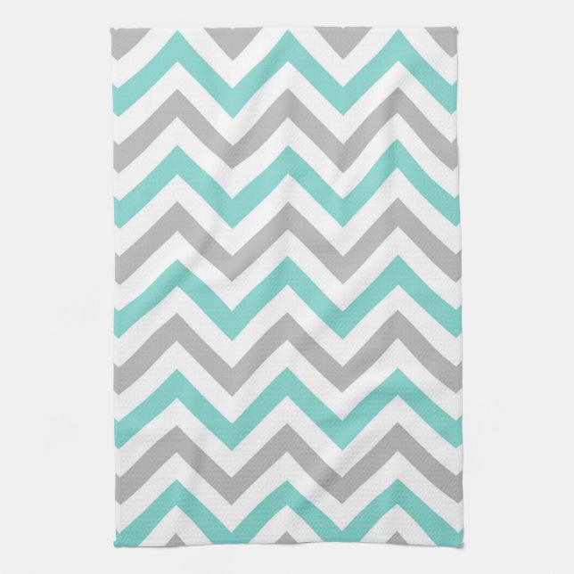 Turquoise, Grey, Wht Large Chevron ZigZag Pattern Kitchen Towel (Vertical)