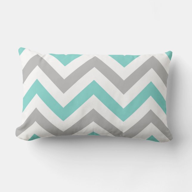 Turquoise, Grey, Wht Large Chevron ZigZag Pattern Lumbar Pillow (Front)