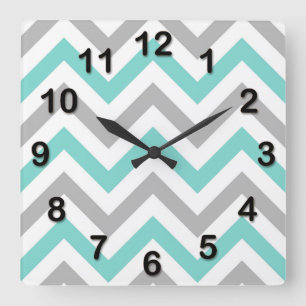 Turquoise, Grey, Wht Large Chevron ZigZag Pattern Square Wall Clock