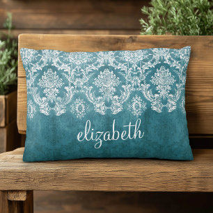Turquoise Grungy Damask Pattern Custom Text Accent Pillow