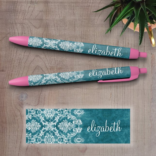 Turquoise Grungy Damask Pattern Custom Text Black Ink Pen (Personalized Writing Pens)