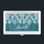 Turquoise Grungy Damask Pattern Custom Text Business Card Holder<br><div class="desc">A vintage pattern with a chalkboard and lace design. Look closely to the flowers and leaves.A trendy design with jewel tone colours and elegance. Items are easier to customize when you replace all text and photos first. If your art still needs to be adjusted, click on the Customize This button....</div>