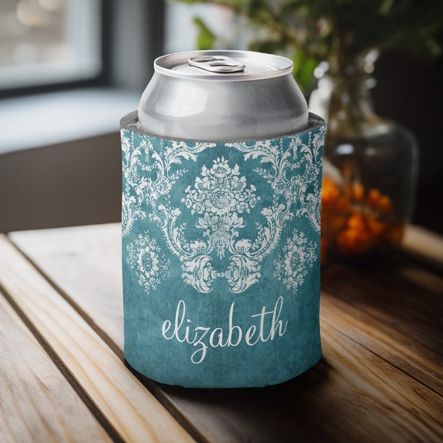 Turquoise Grungy Damask Pattern Custom Text Can Cooler (Personalized can cooler with a place to add a name or other custom text)