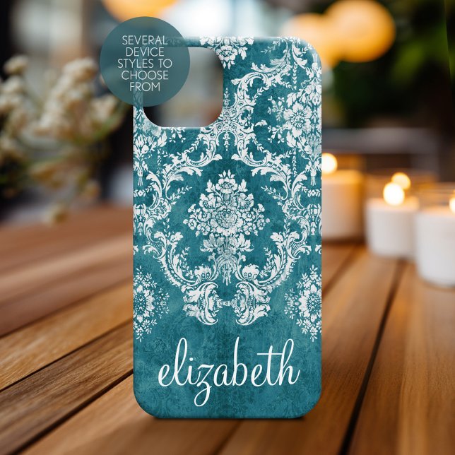 Turquoise Grungy Damask Pattern Custom Text Case-Mate iPhone Case (Personalized Phone Case - Shabby Chic Vintage Damask Pattern with Custom Name)