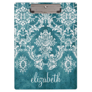 Turquoise Grungy Damask Pattern Custom Text Clipboard