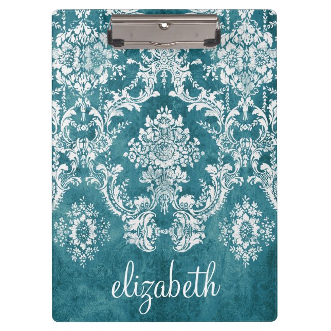 Turquoise Grungy Damask Pattern Custom Text Clipboard (Front)