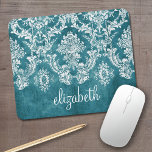 Turquoise Grungy Damask Pattern Custom Text Mouse Pad<br><div class="desc">A vintage pattern with a chalkboard and lace design. Look closely to the flowers and leaves.A trendy design with jewel tone colors and elegance. Items are easier to customize when you replace all text and photos first. If your art still needs to be adjusted, click on the Customize This button....</div>