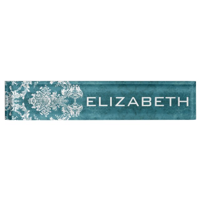 Turquoise Grungy Damask Pattern Custom Text Nameplate (Front)