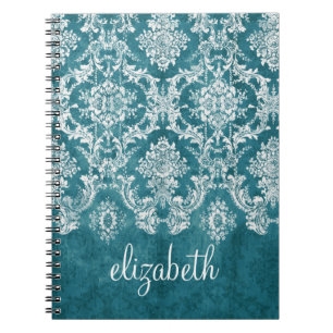 Turquoise Grungy Damask Pattern Custom Text Notebook
