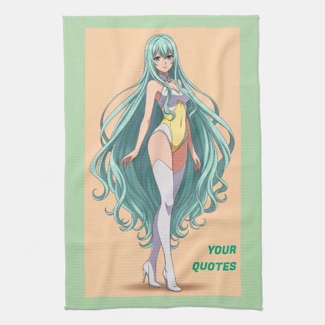 Turquoise Hair Anime Girl Kitchen Towel (Vertical)