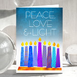 Turquoise Hanukkah Boho Candles Peace Love Light Holiday Card<br><div class="desc">“Peace, love & light.” A playful, modern, artsy illustration of boho pattern candles in a menorah helps you usher in the holiday of Hanukkah. Assorted blue candles with colourful faux foil patterns overlay a turquoise gradient to white textured background. Feel the warmth and joy of the holiday season whenever you...</div>