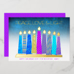 Turquoise Hanukkah Candles Peace Love Real Gold Foil Holiday Card<br><div class="desc">“Peace, love & light.” A playful, modern, artsy illustration of boho pattern candles in a menorah helps you usher in the holiday of Hanukkah. Assorted blue candles with colourful real gold foil patterns, real gold foil flames and menorah, overlay a turquoise gradient to white textured background. Faux hot pink purple...</div>