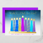 Turquoise Hanukkah Candles Peace Love Real Gold Foil Holiday Card<br><div class="desc">“Peace, love & light.” A playful, modern, artsy illustration of boho pattern candles in a menorah helps you usher in the holiday of Hanukkah. Assorted blue candles with colourful real gold foil patterns, real gold foil flames and menorah, overlay a turquoise gradient to white textured background. Faux hot pink purple...</div>