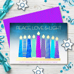 Turquoise Hanukkah Candles Peace Love Real Gold Foil Holiday Card<br><div class="desc">“Peace, love & light.” A playful, modern, artsy illustration of boho pattern candles in a menorah helps you usher in the holiday of Hanukkah. Assorted blue candles with colourful real gold foil patterns, real gold foil flames and menorah, overlay a turquoise gradient to white textured background. Faux hot pink purple...</div>