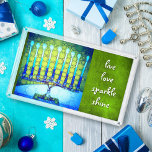 Turquoise Hanukkah Menorah Live Love Sparkle Shine Acrylic Tray<br><div class="desc">“Live love sparkle shine.” A close-up photo of a bright, colourful, blue and green artsy menorah helps you usher in the holiday of Hanukkah in style. Feel the warmth and joy of the holiday season whenever you use this stunning, colourful Hanukkah serving tray. 4 sizes to choose from: small, medium,...</div>