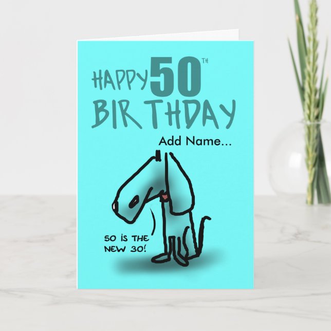 Turquoise happy 50th birthday cartoon dog card (Front)