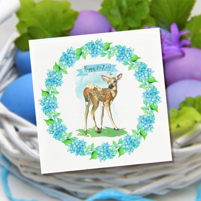 Turquoise Happy Easter Watercolor Deer Napkin (Creator Uploaded)