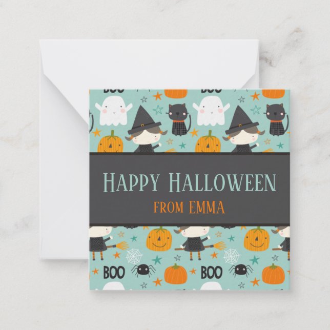 Turquoise "Happy Halloween" Pattern Custom Name Card (Front)