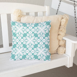 Turquoise Hawaiian Leaves Pattern Outdoor Pillow