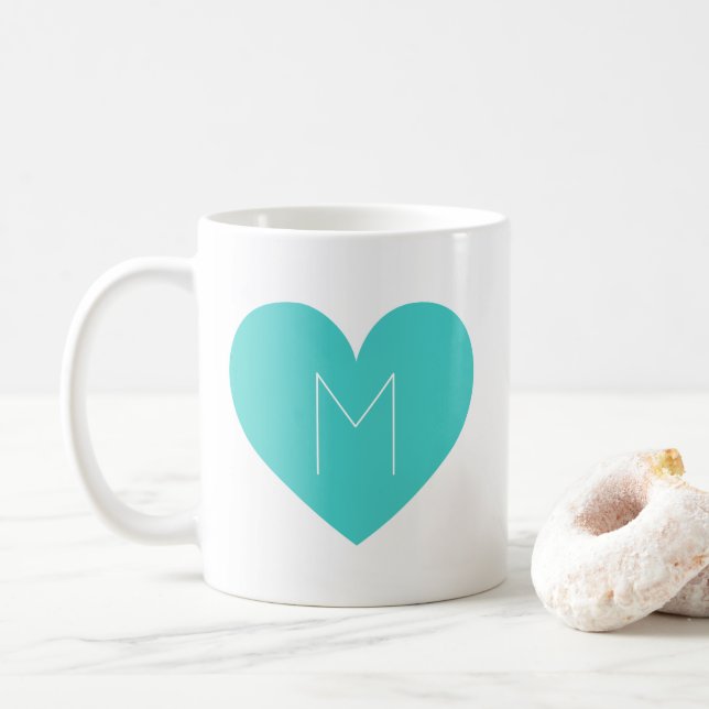 Turquoise Heart Contemporary Monogram Mug (With Donut)