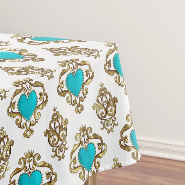 Turquoise Hearts With Crown Tablecloth (In Situ)