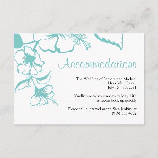 Turquoise Hibiscus Beach Wedding Accommodations Enclosure Card (Front)