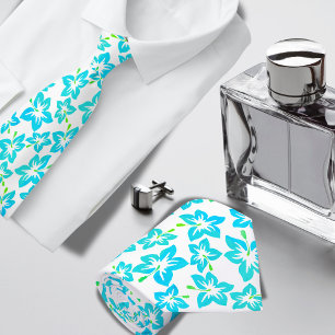 Turquoise Hibiscus Hawaiian pattern Tie
