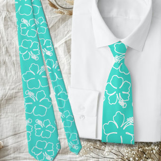Turquoise Hibiscus Outline Pattern Wedding Tie