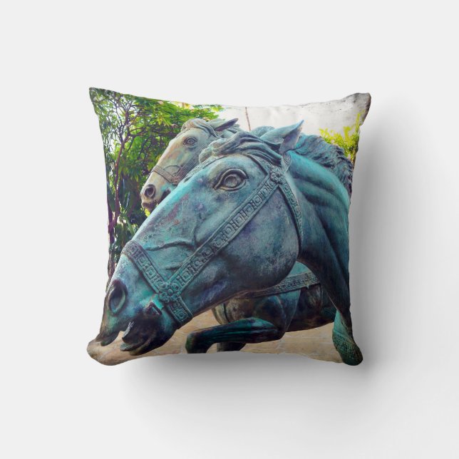 Turquoise Horse Statue Photo Antique Asian Stylish Throw Pillow (Front)