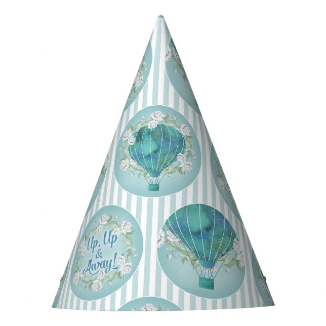 Turquoise Hot Air Balloon - Aqua White Stripes Party Hat (Front)