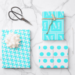 Turquoise Houndstooth Monogram Polka Dot Wrapping Paper Sheet